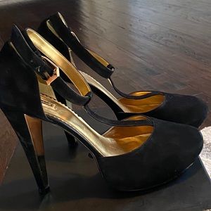 Report Signature Black Suede T-Strap Pumps